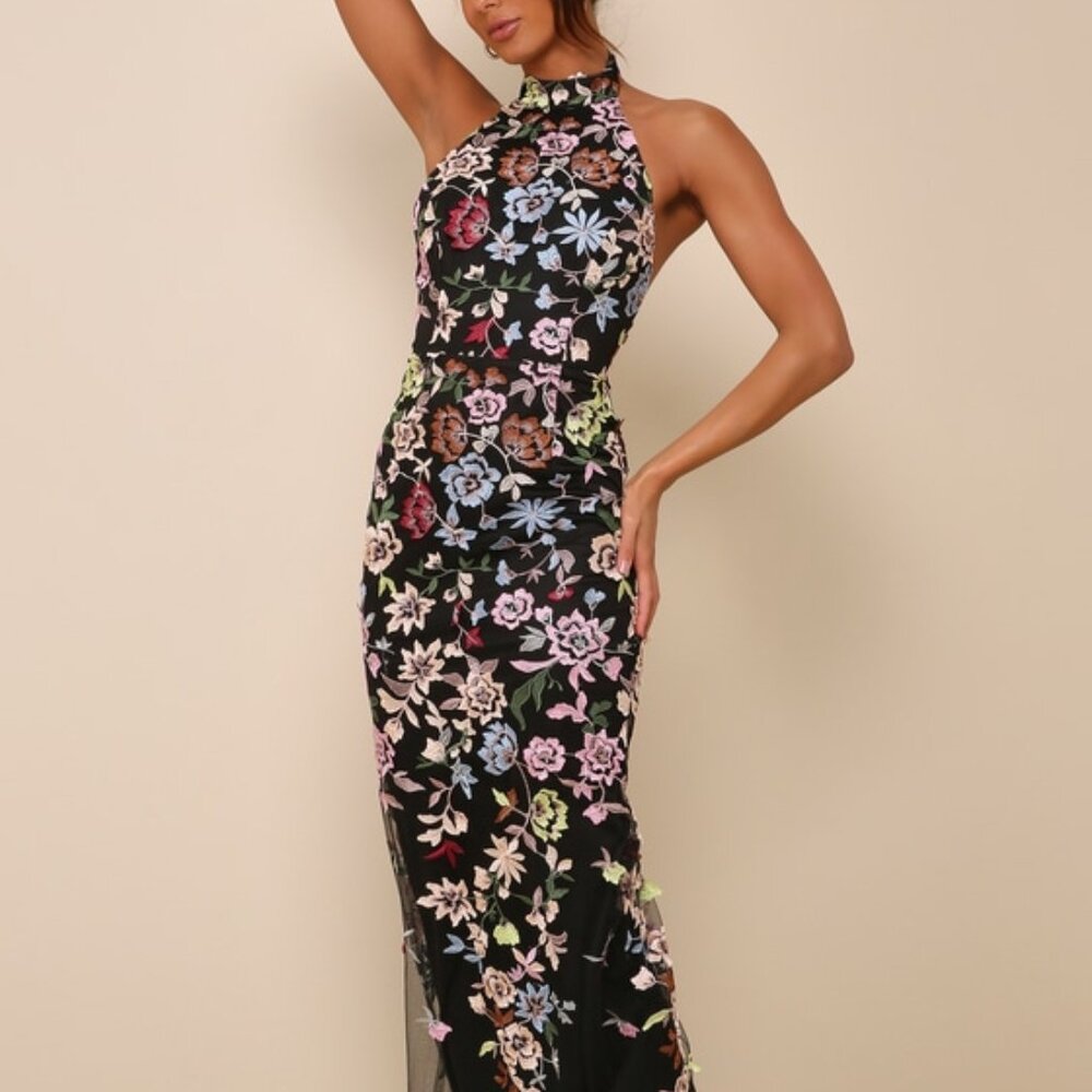 Lulus Infinite Praise Black 3d Floral Embroidered Halter Maxi Dress - Size S